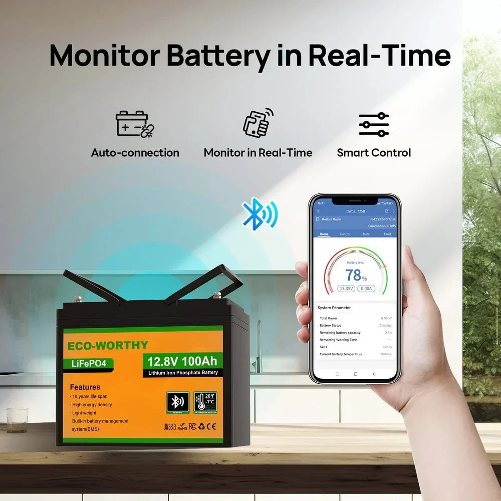 ECO-WORTHY 12V 100Ah LiFePO4 Battery With Bluetooth And Low-Temperature Protection