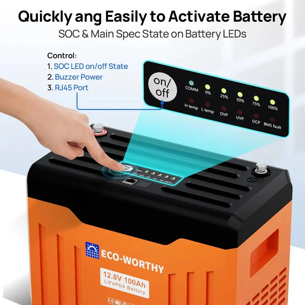 ECO-WORTHY 12V 100AH Lithium Battery with Battery Status Display and 100A BMS with Low-Temp Protection