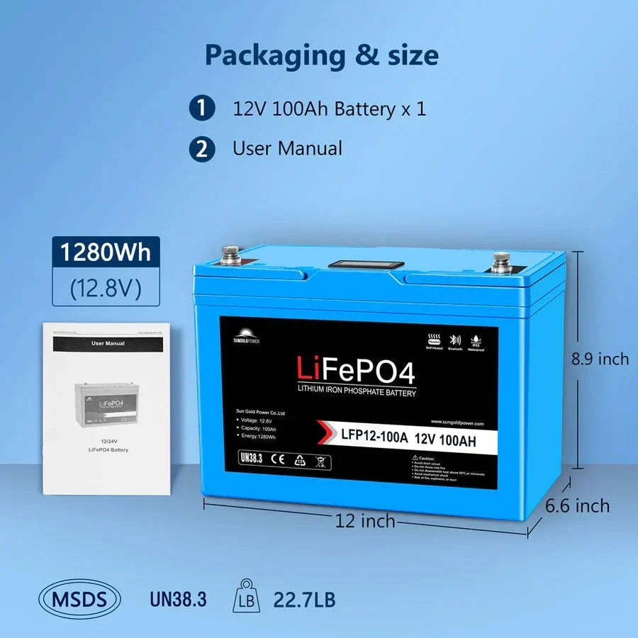 SunGoldPower 12V 100Ah LiFePo4 Deep Cycle Lithium Battery / Bluetooth / Self-Heating / IP65